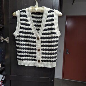 Lulu's Stylish Instinct Ivory Striped Crochet Button-Front Sweater Top (Medium)